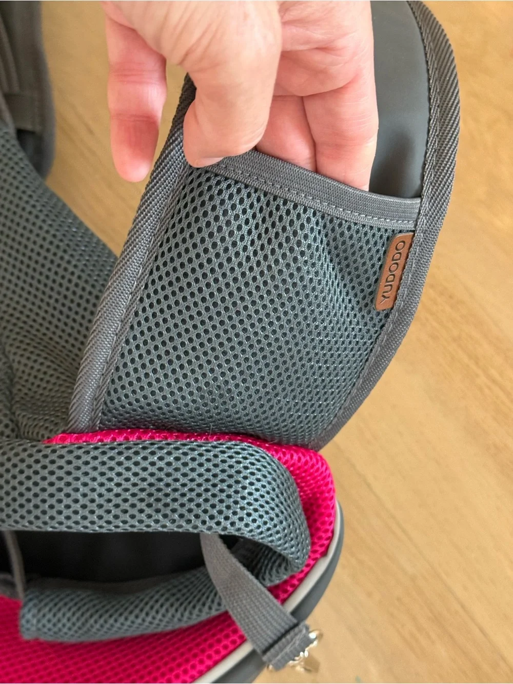 YUDODO Gray and pink crossbody pet carrier. medium up to 9bs